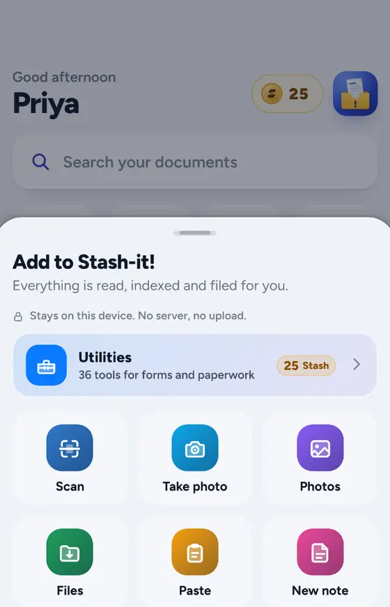 The Add to Stash-it! sheet with Utilities, Scan, Take photo, Photos, Files, Paste and New note