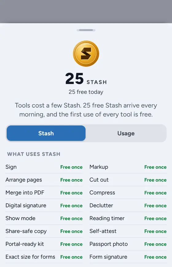 The Stash coins screen showing 25 free Stash today and which tools are free once