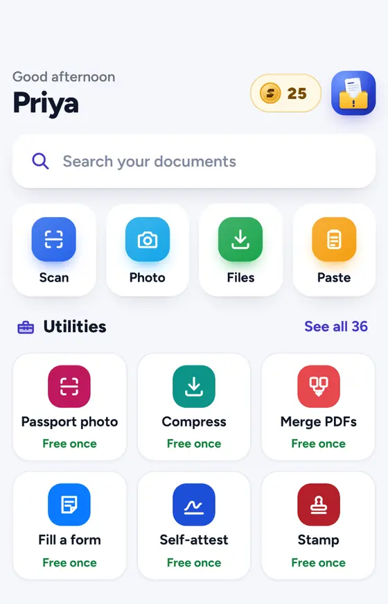 Stash-it! screenshots: the home screen with Scan, Photo, Files, Paste and the Utilities tools
