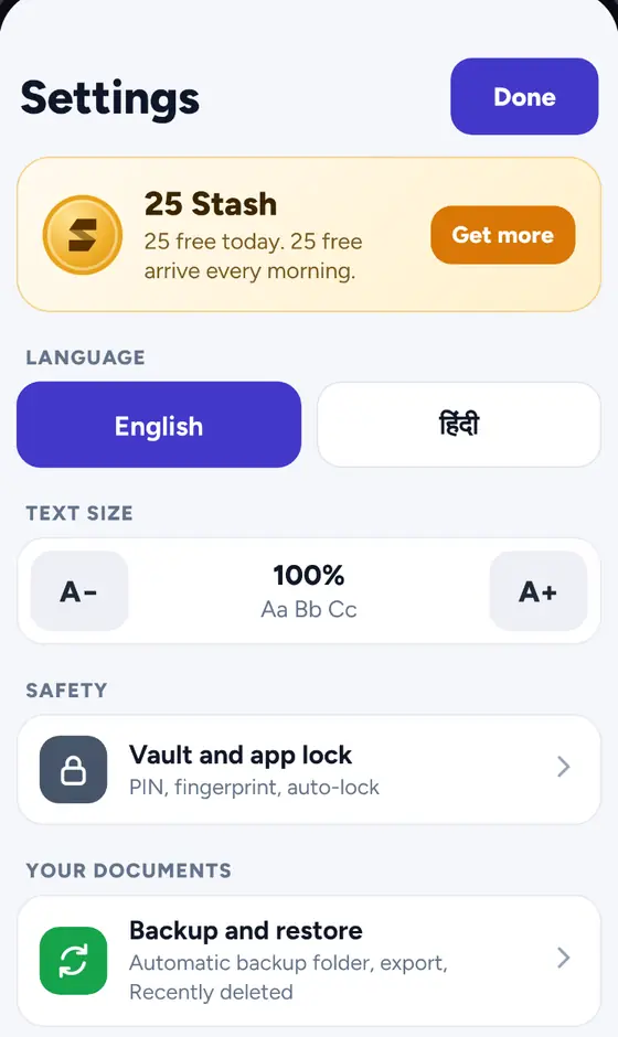 The Settings page with 25 Stash, language choice English or Hindi, text size and Vault lock